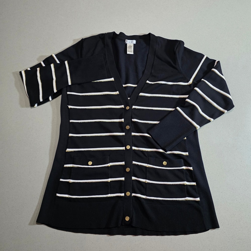 Cache Womens XL Black White Gold Metallic Striped Button Front Cardigan Sweater